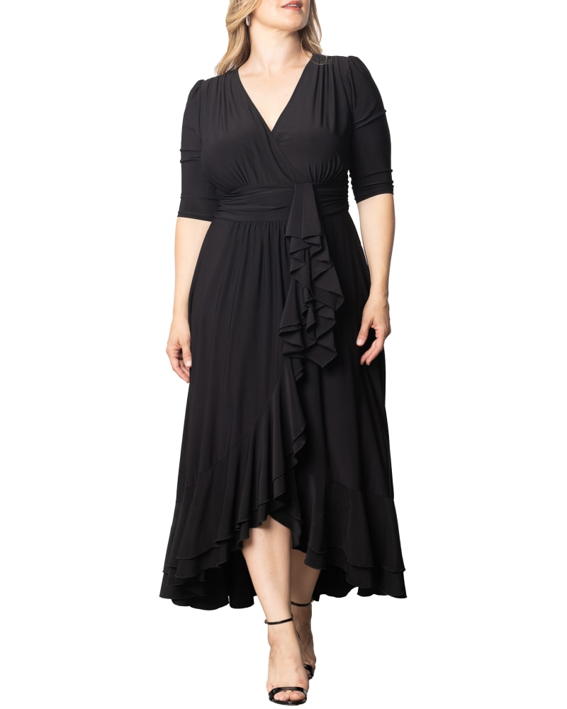 Front of a model wearing a size 2X Veronica Ruffled Evening Gown in ONYX by Kiyonna. | dia_product_style_image_id:353096